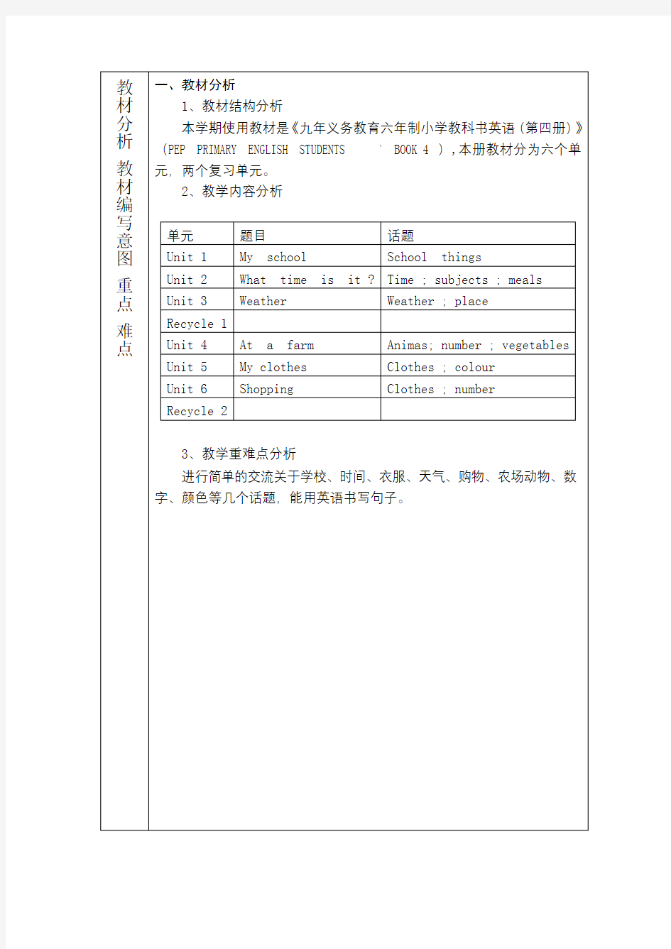 【2020年春】人教版小学四年级下册英语学科教学计划