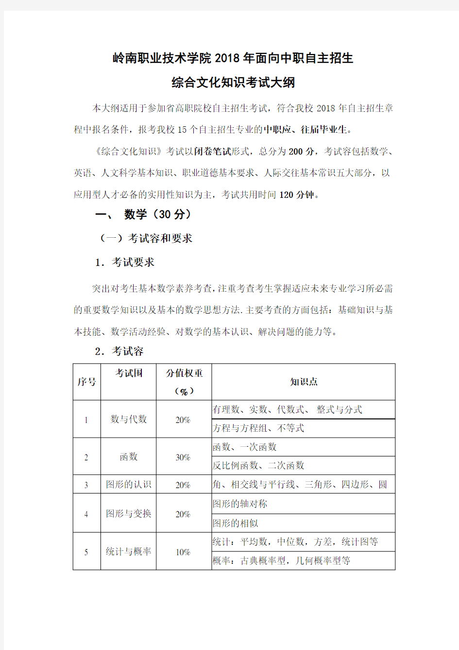 (中职)2018年自主招生综合文化考试大纲