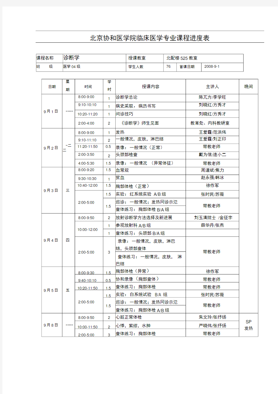 北京协和医学院临床医学专业课程进度表资料