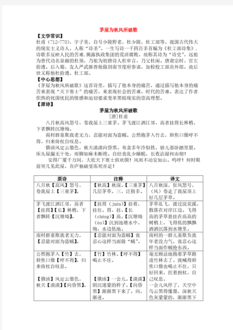 24杜甫《茅屋为秋风所破歌》中考知识点全扫描