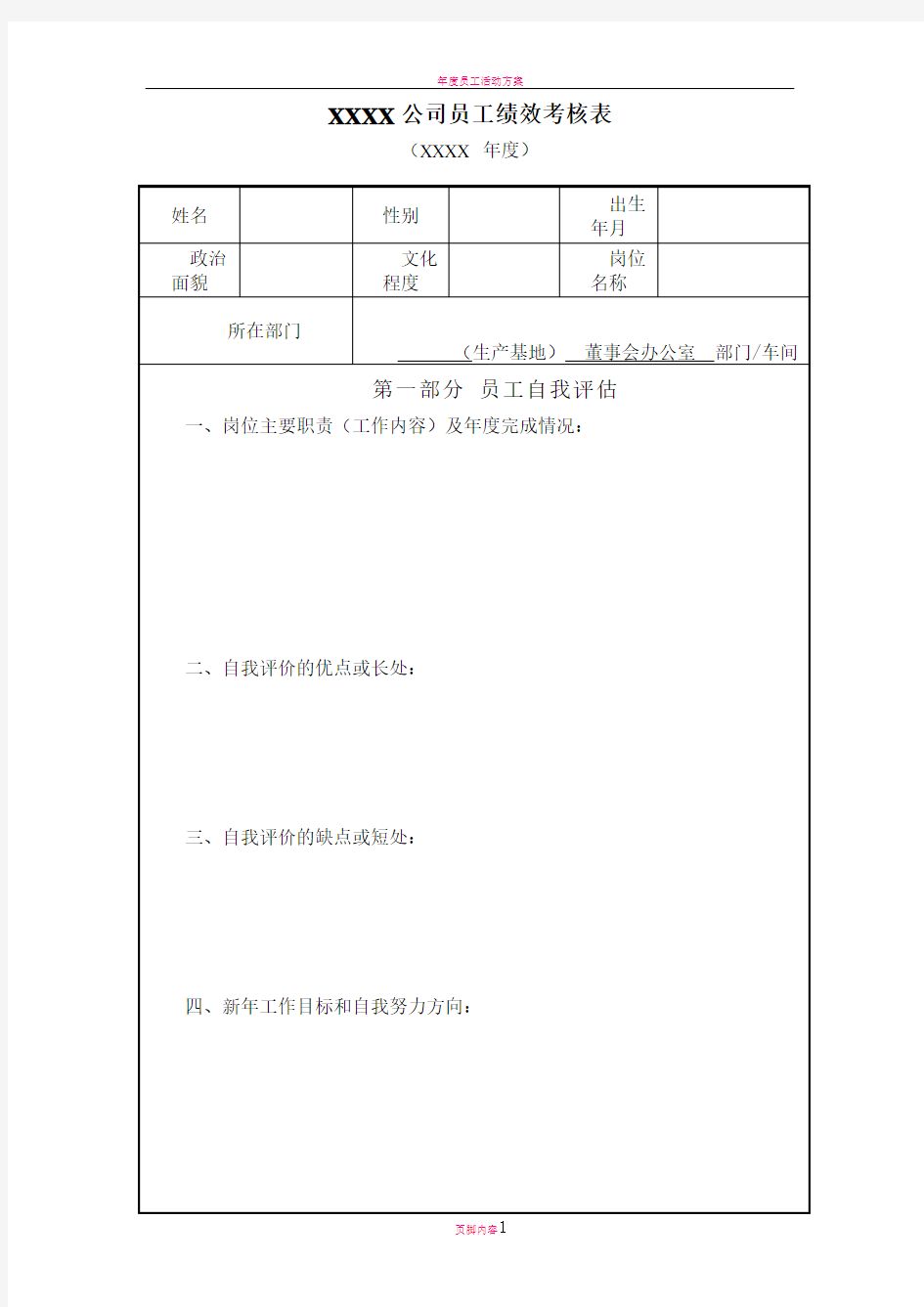 年度员工绩效考核表模板