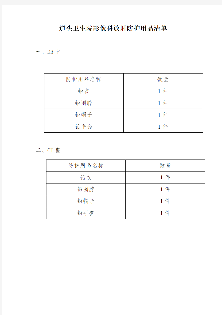 4影像科放射防护用品清单