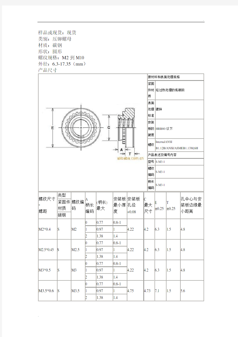 压铆螺母规格尺寸表