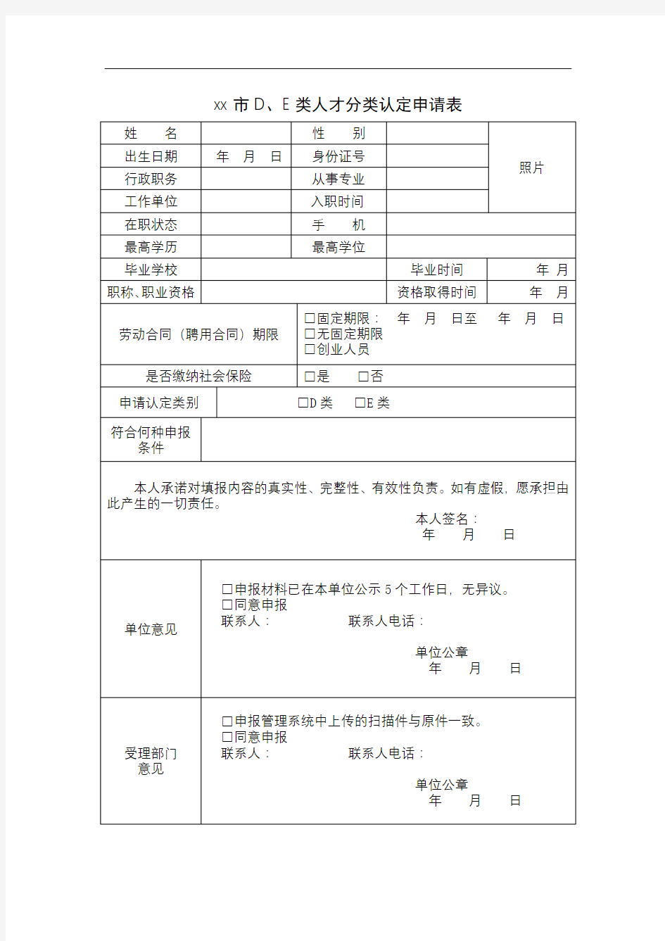 xx市D、E类人才分类认定申请表【模板】