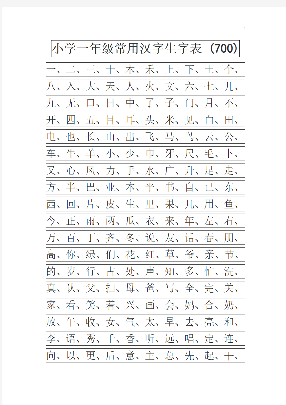 常用汉字生字表(幼儿园大班)