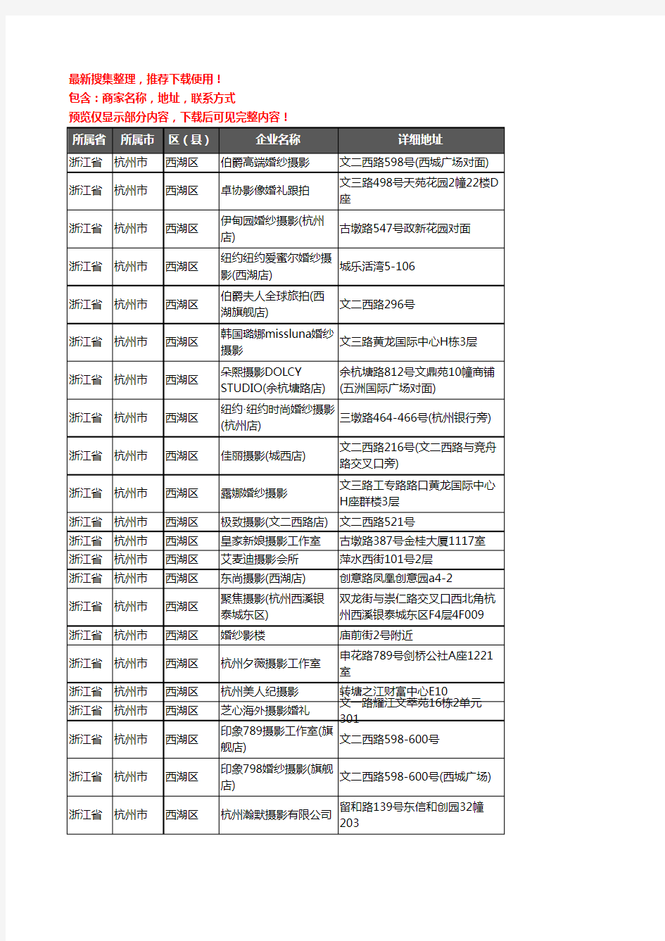 新版浙江省杭州市西湖区婚纱摄影企业公司商家户名录单联系方式地址大全24家