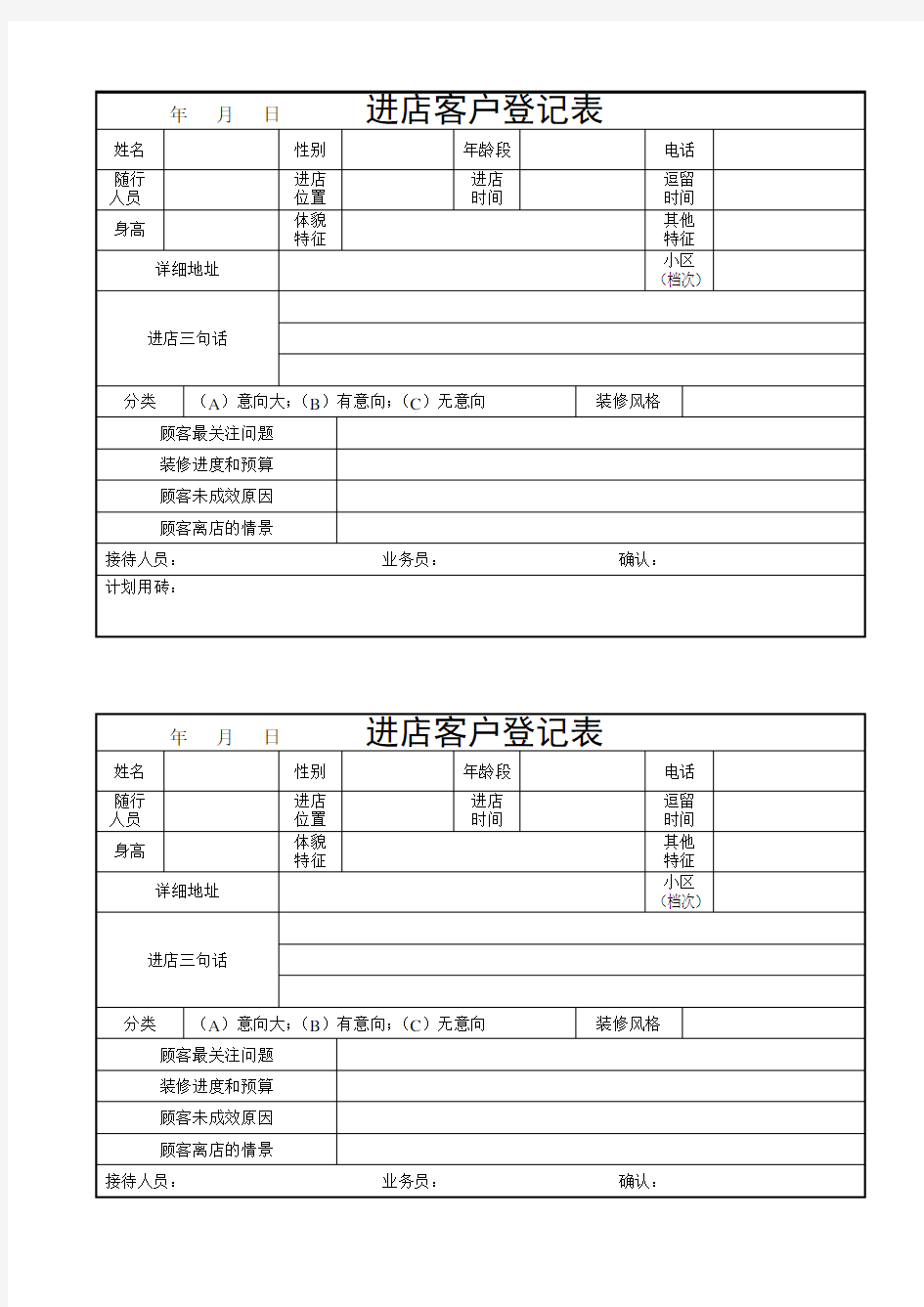 最新进店客户登记表