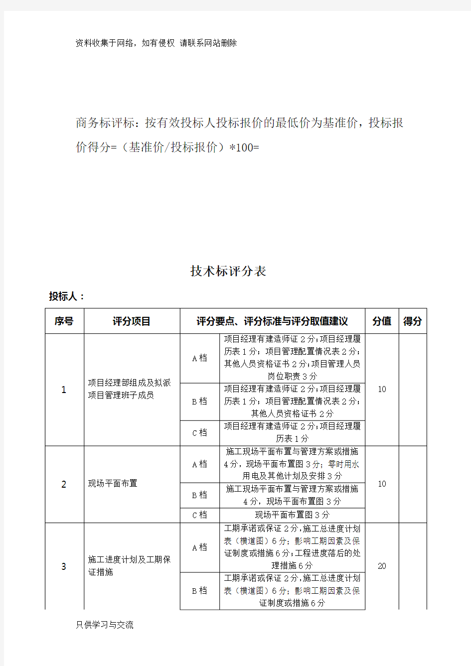 工程项目商务标与技术标评分表