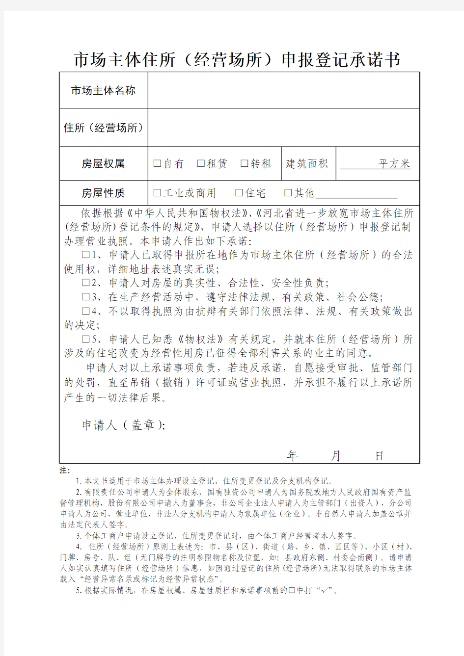 市场主体住所(经营场所)申报登记承诺书