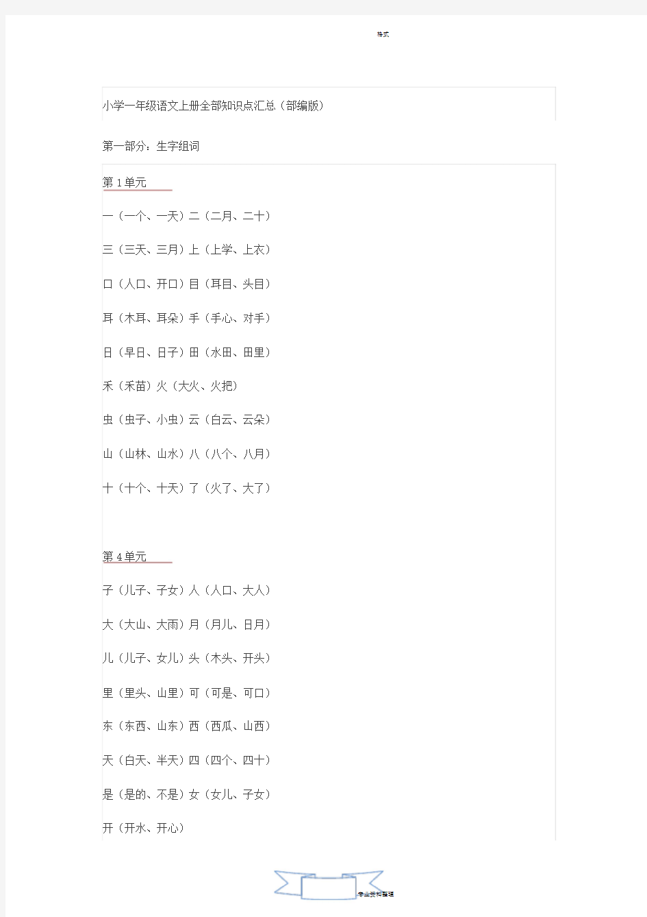 2018年小学一年级语文全部知识点汇总