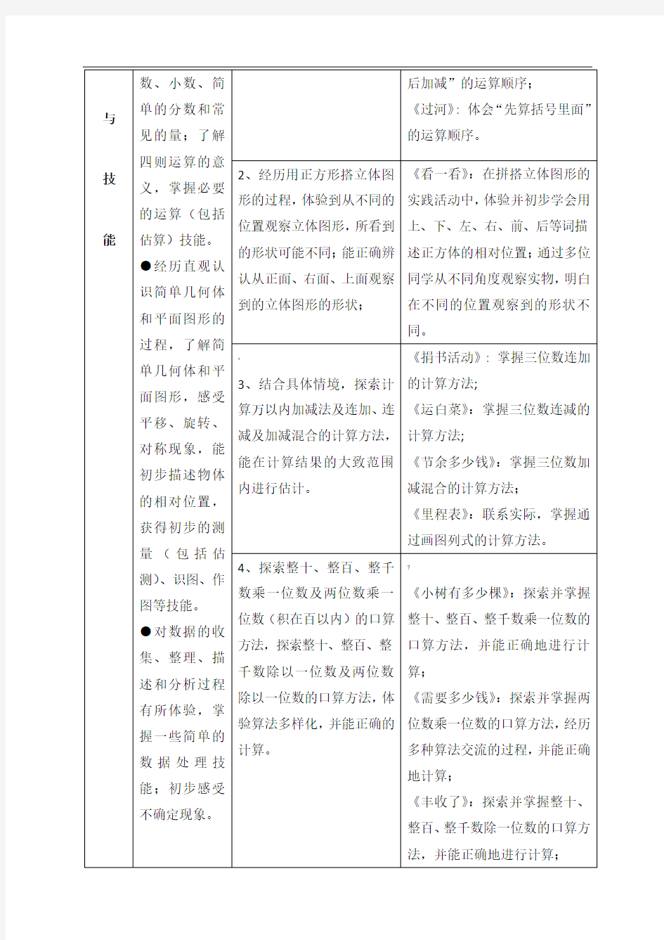 北师大版三年级(上册)数学课程纲要