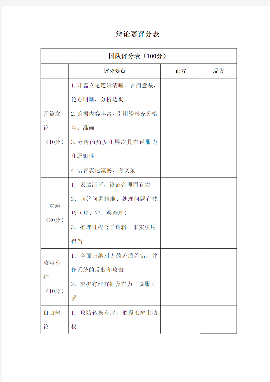 辩论赛评分表完整版