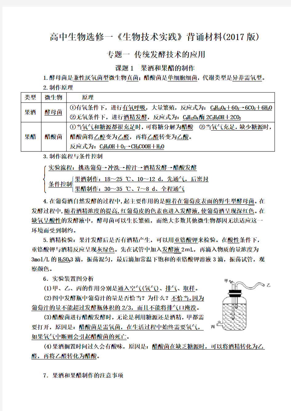 高中生物选修一《生物技术实践》背诵材料(2017版)