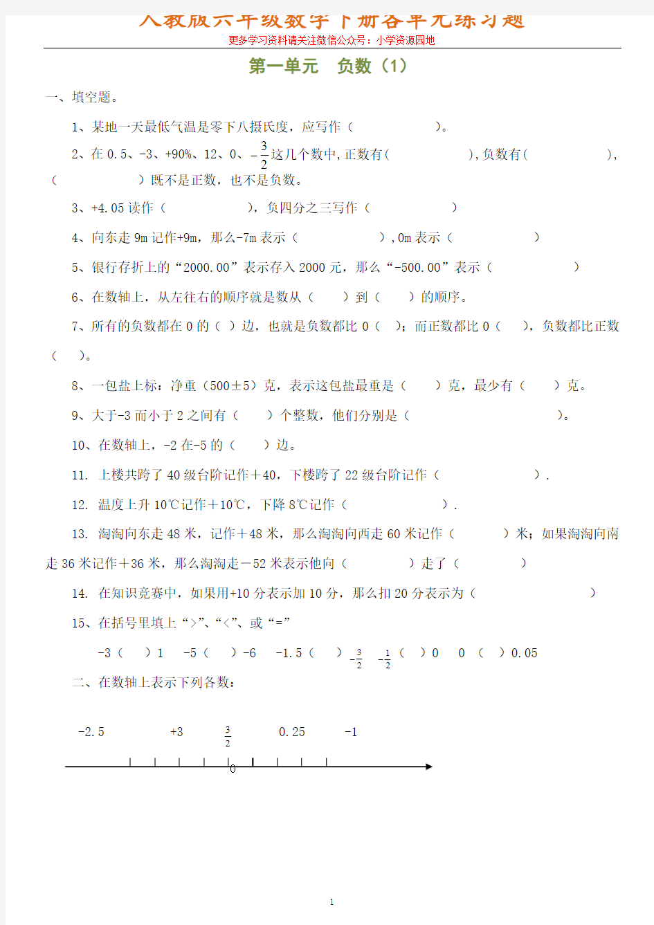 小学六年级数学下册各单元练习题