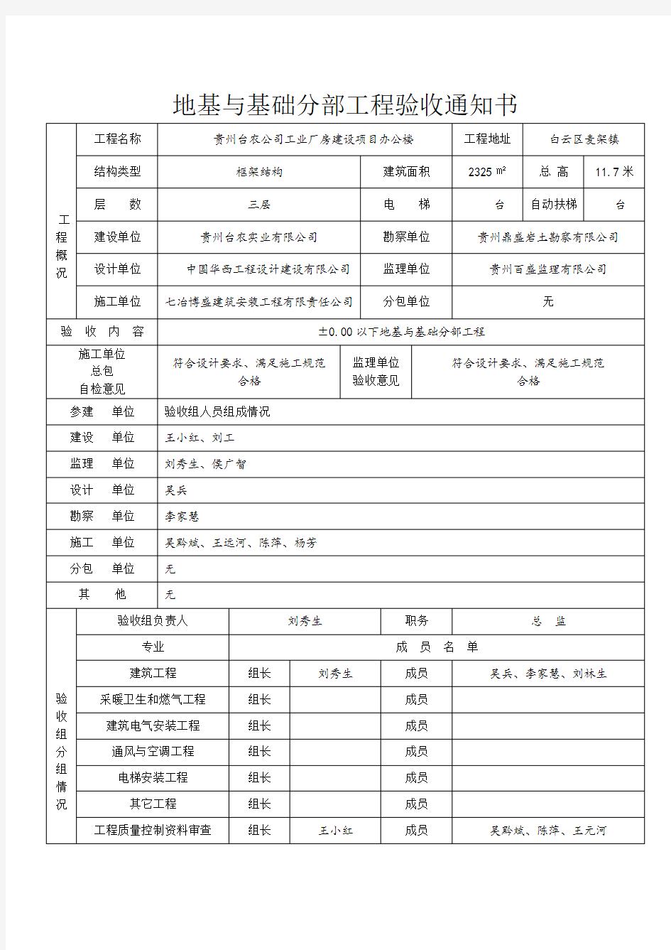 地基与基础分部工程验收通知书