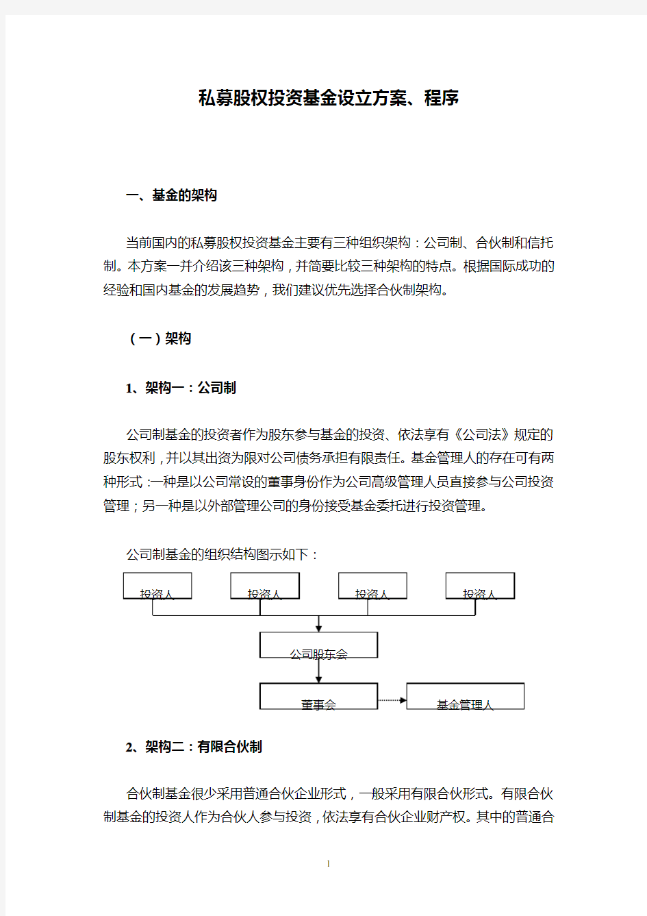 私募股权投资基金设立方案和详细程序