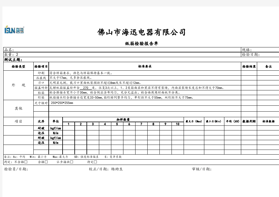 纸箱检验报告单(模板)