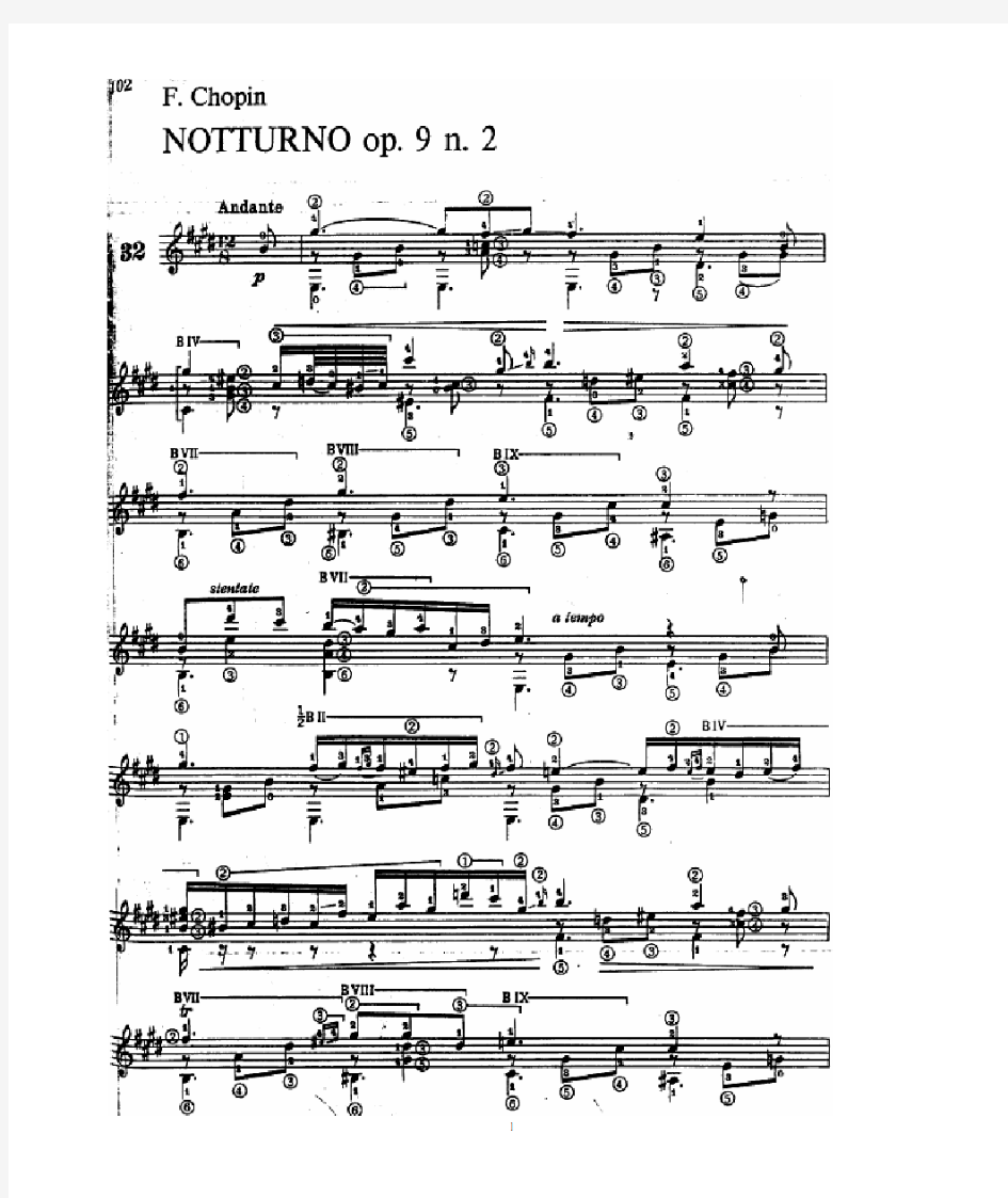 肖邦作品《降E大调夜曲》  Nocturne in E Flat Major,Op 9 No 2;Chopin(Tarrega 古典吉他谱)
