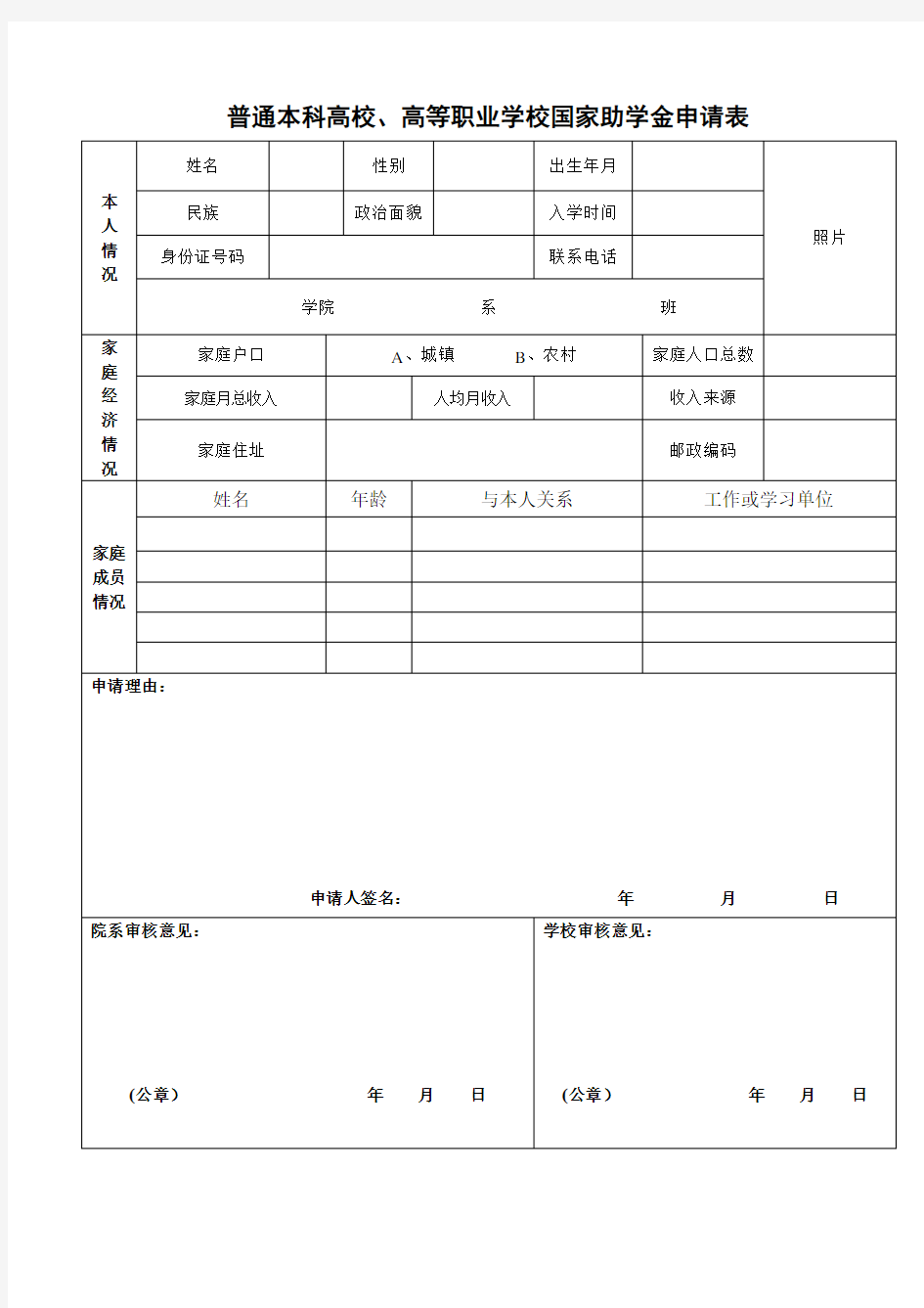 普通本科高校、高等职业学校国家助学金申请表(真正版本)