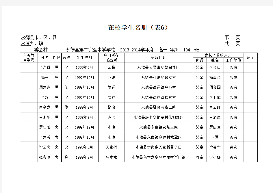 高104班在校学生花名册