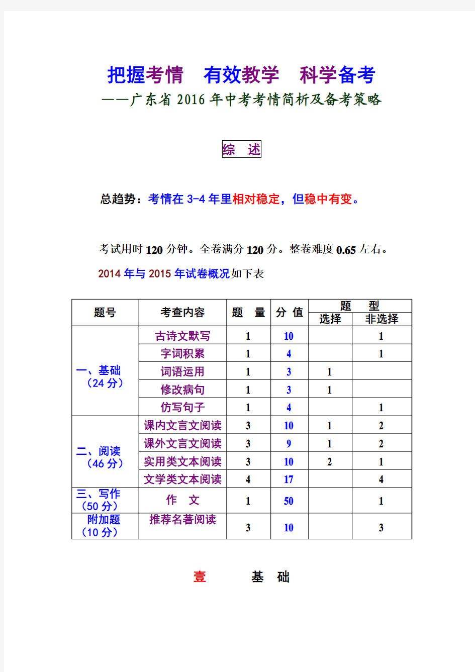 广东省2016年中考考情简析及备考策略