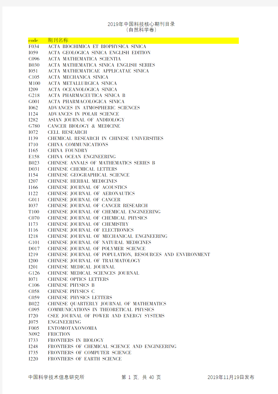 2019年中国科技核心期刊目录(自然科学卷)