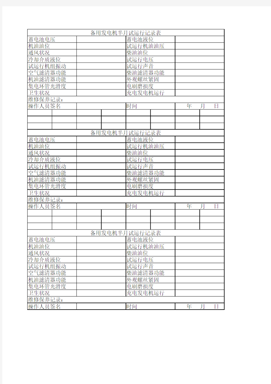 备用发电机试运行记录表