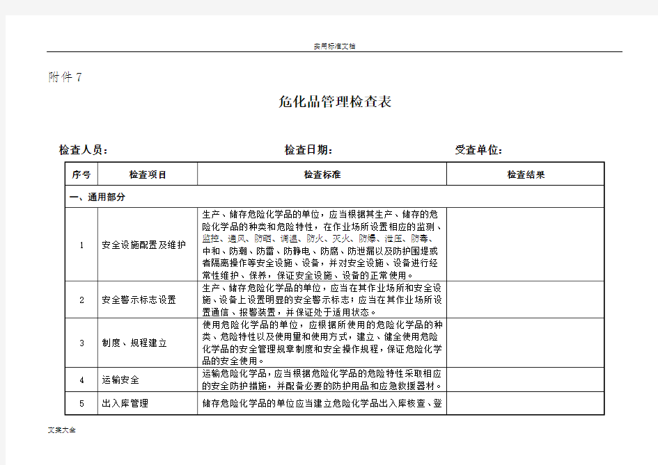 危化品管理系统检查表