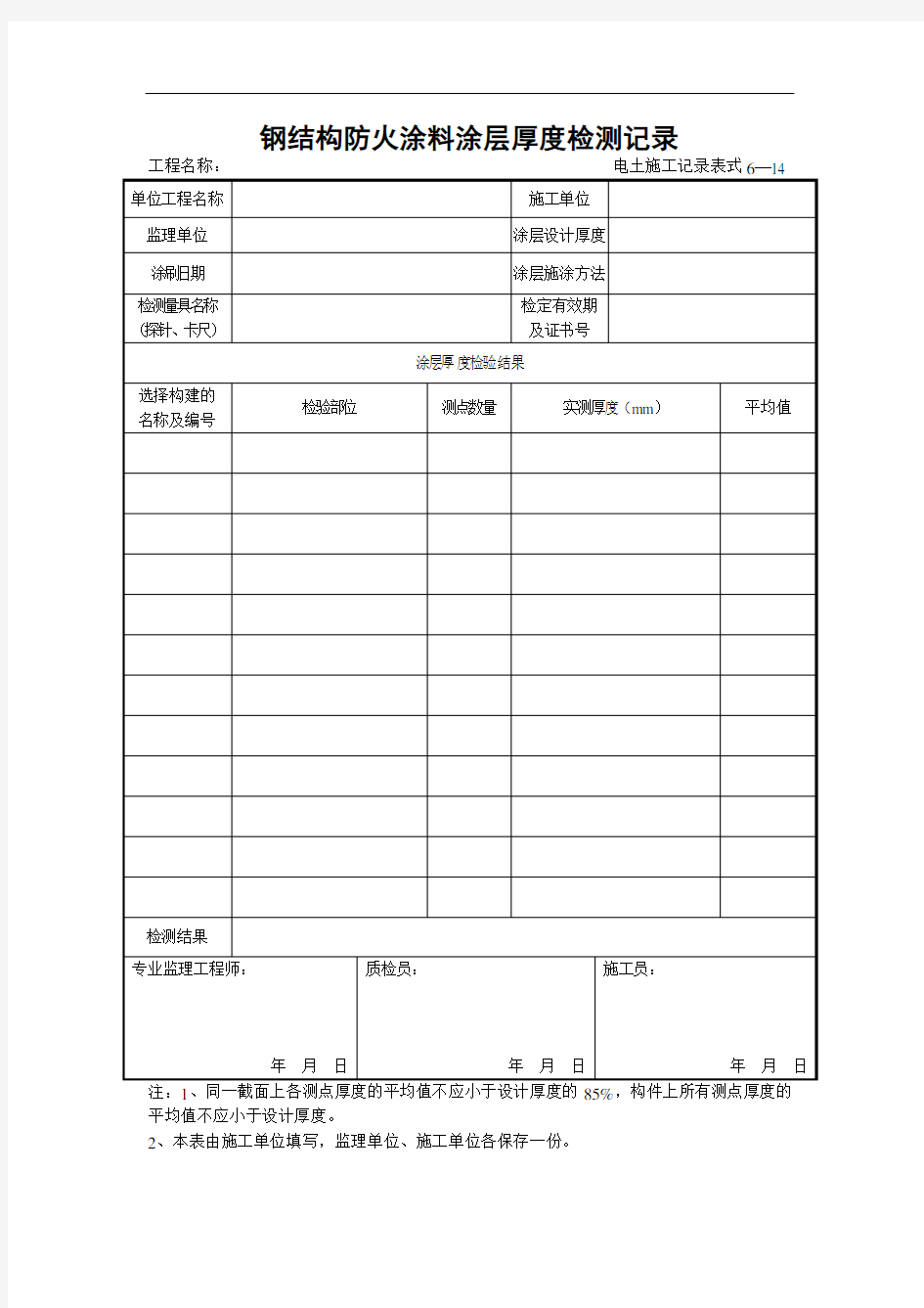 6—14钢结构防火涂料涂层厚度检测记录