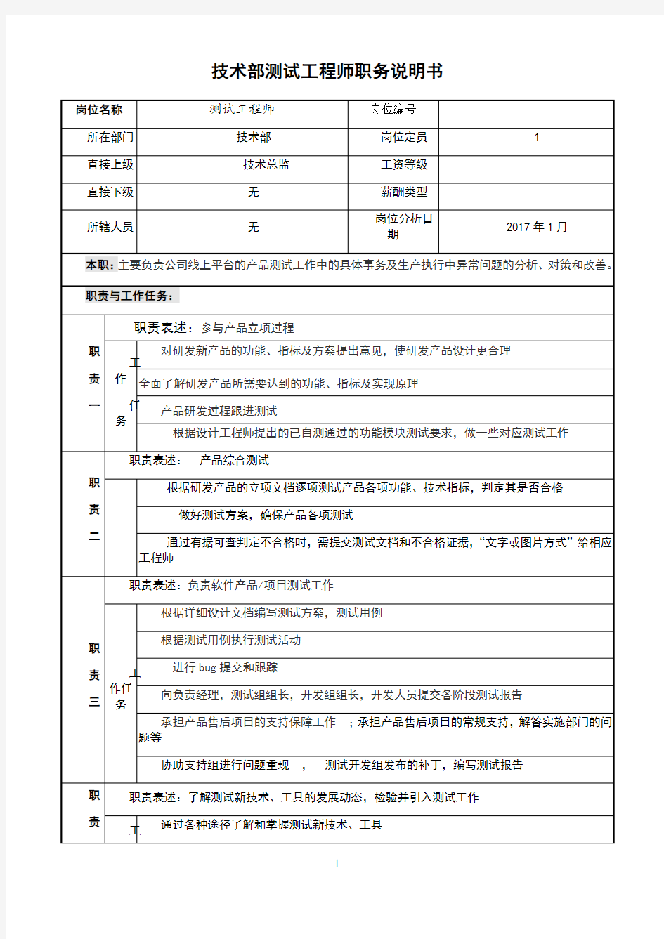 技术部测试工程师岗位职务说明书