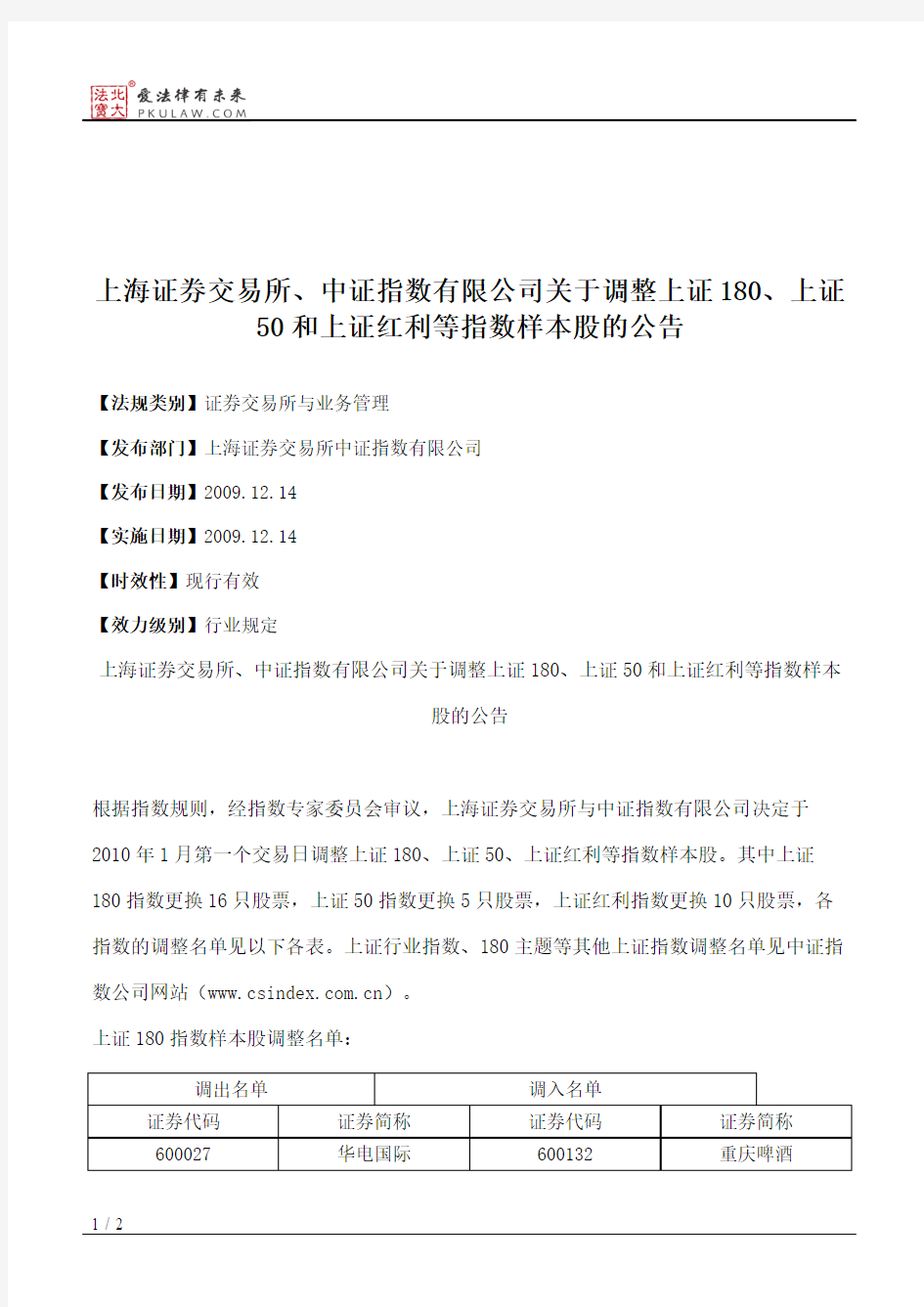 上海证券交易所、中证指数有限公司关于调整上证180、上证50和上证