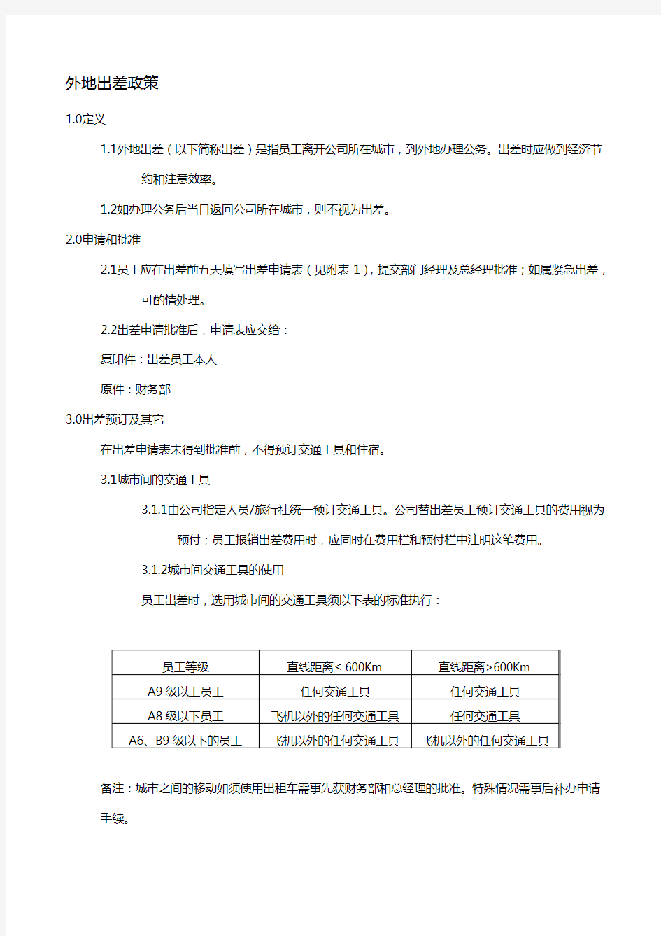 某公司员工出差管理政策