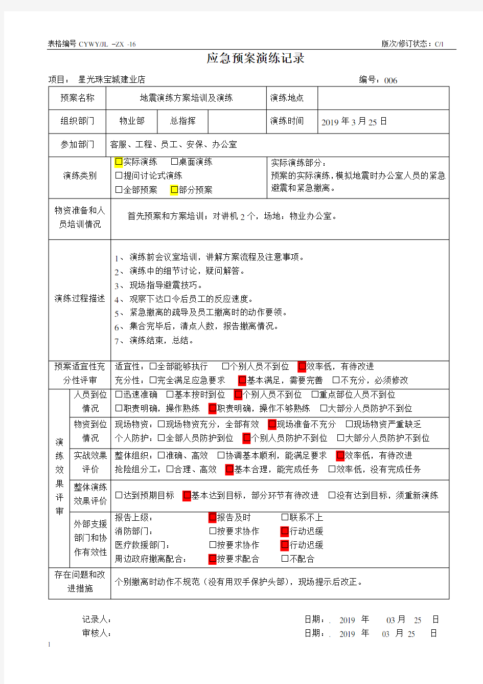 地震应急预案演练记录表