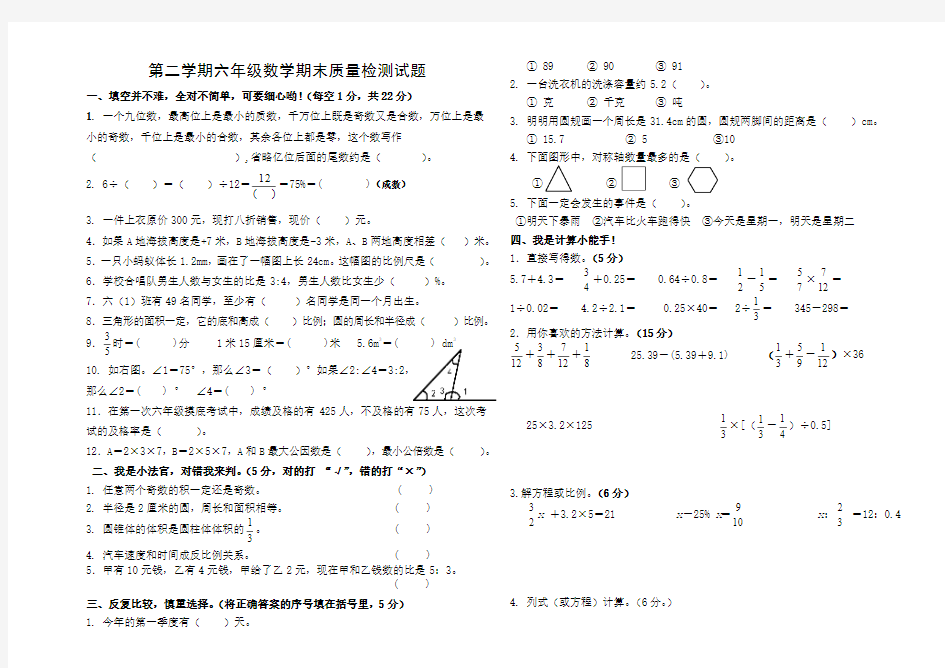 六年级数学期末质量检测试题(无答案)