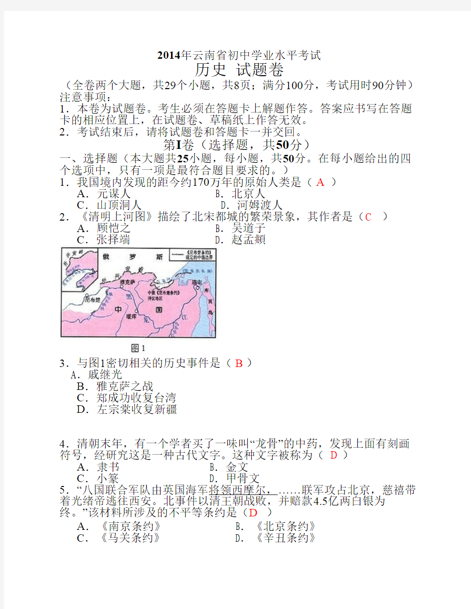 云南省2014年中考历史试题(含答案)