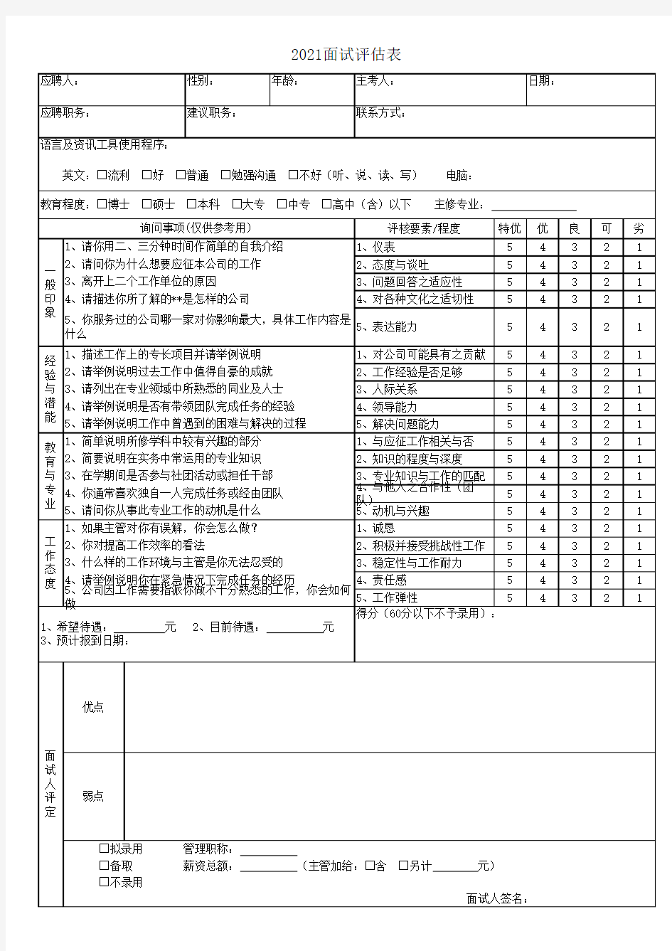 面试评估表(完整详细版)