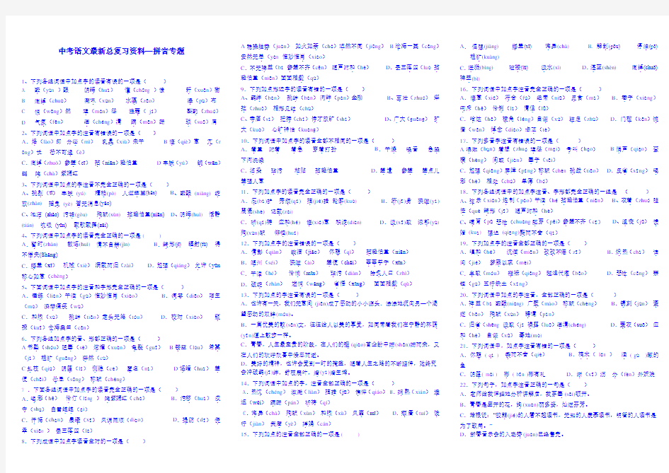 中考语文拼音专题练习及答案