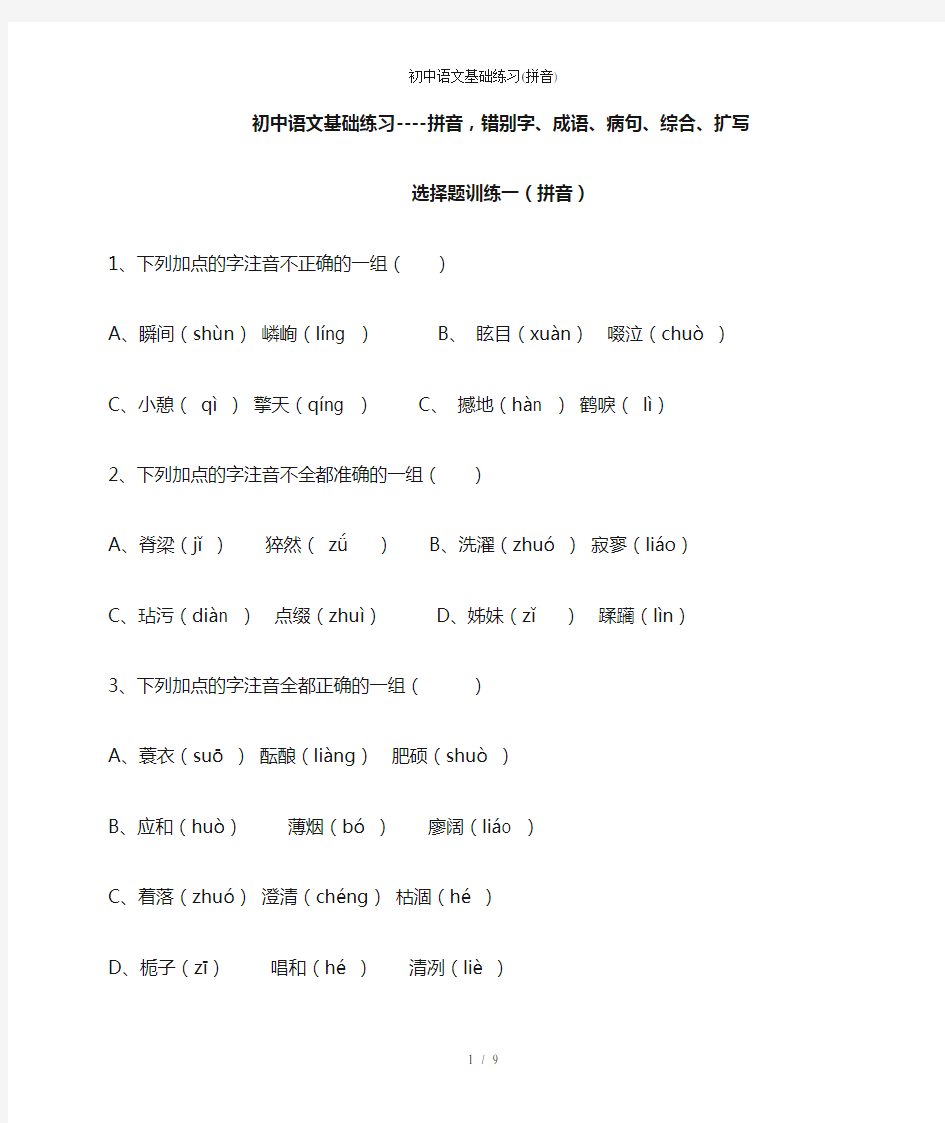 初中语文基础练习拼音