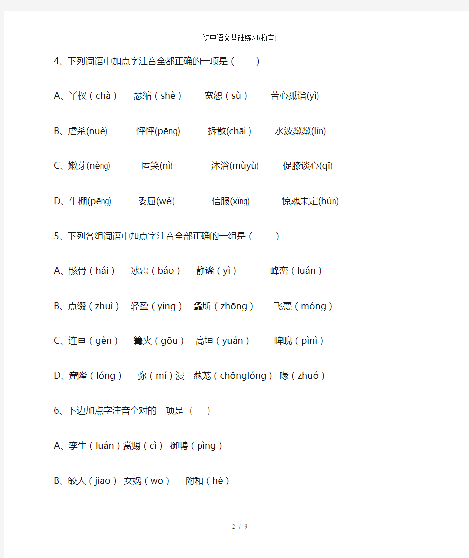 初中语文基础练习拼音