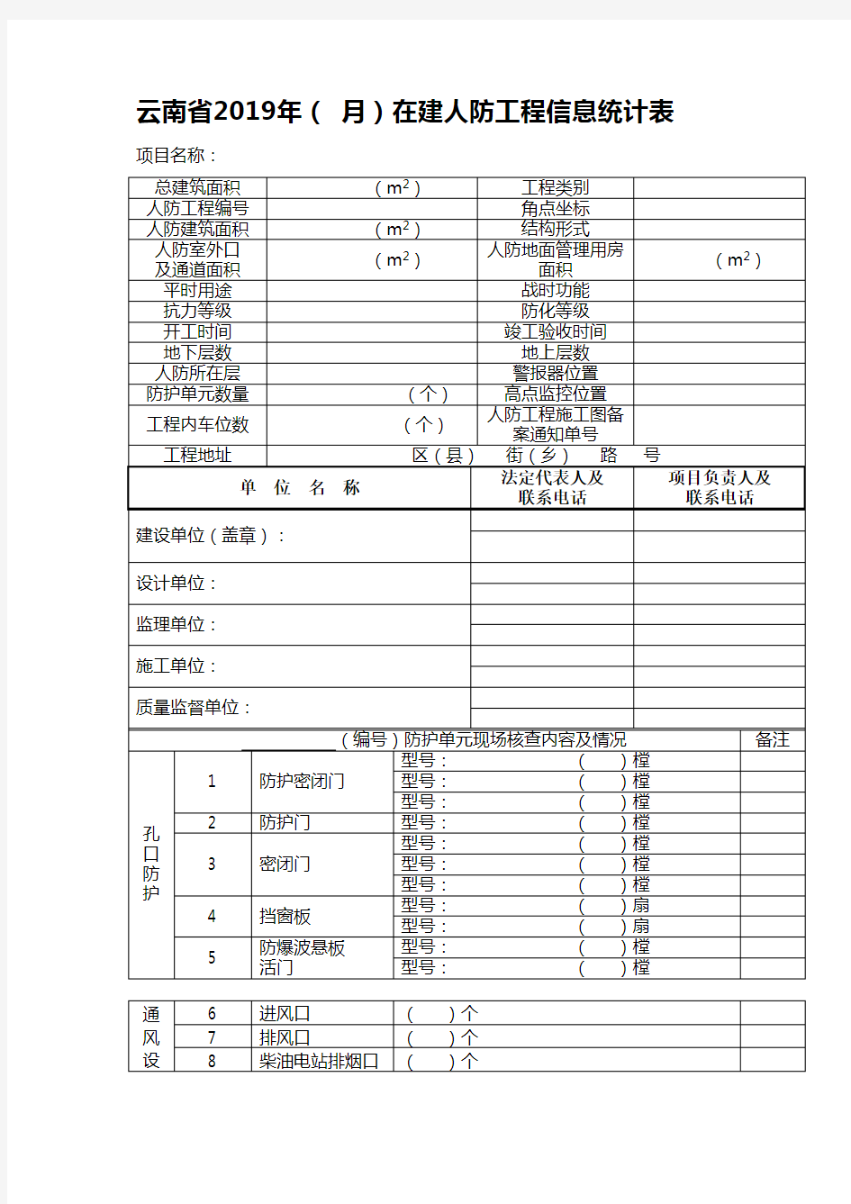 云南省2019年月在建人防工程信息统计表