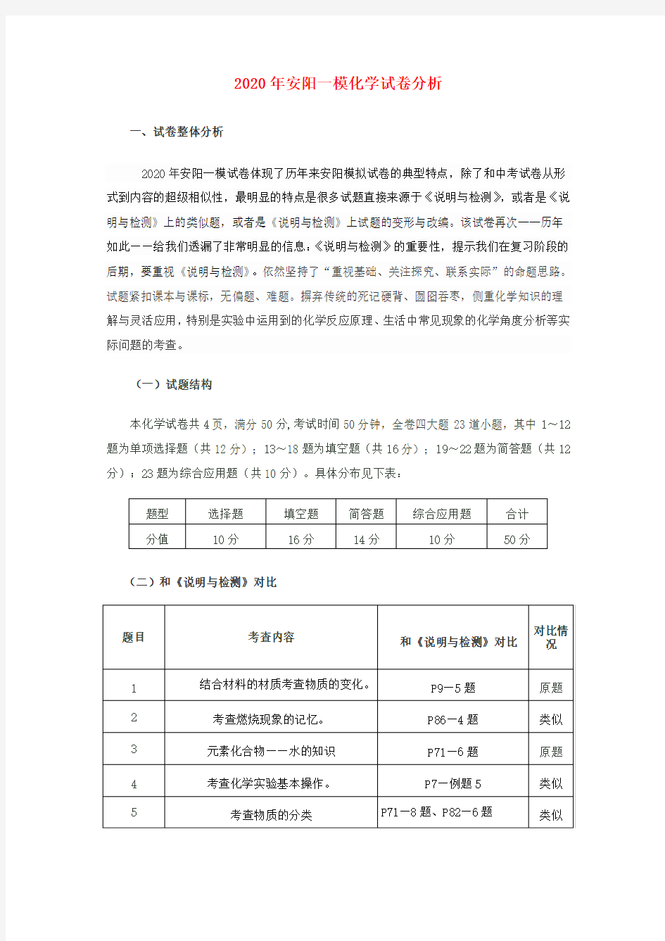 河南省安阳市2020年中考化学一模试卷分析