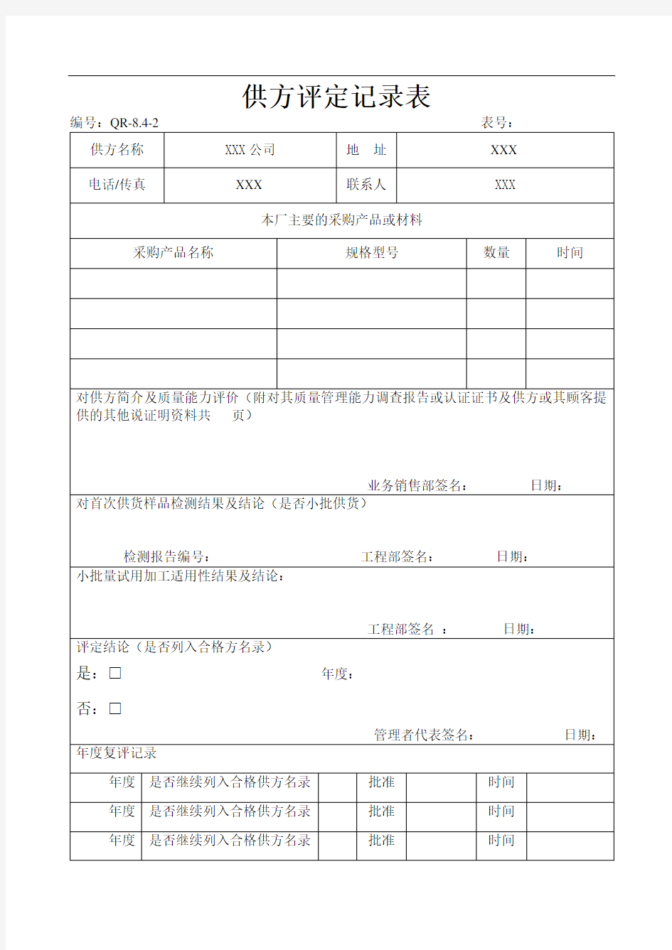 合格供方评定记录表-范文