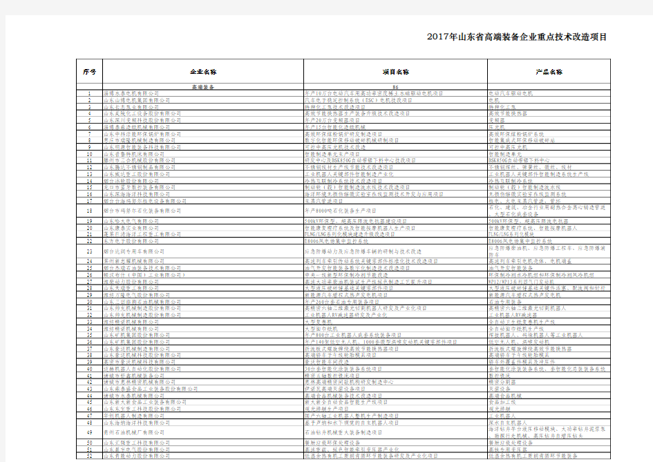 2017年山东省高端装备企业重点技术改造项目