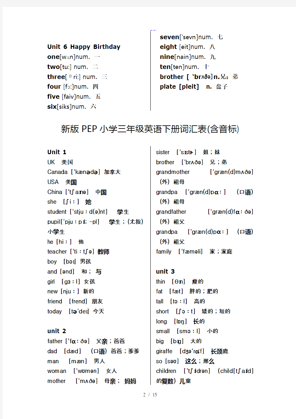 新版PEP小学英语单词表
