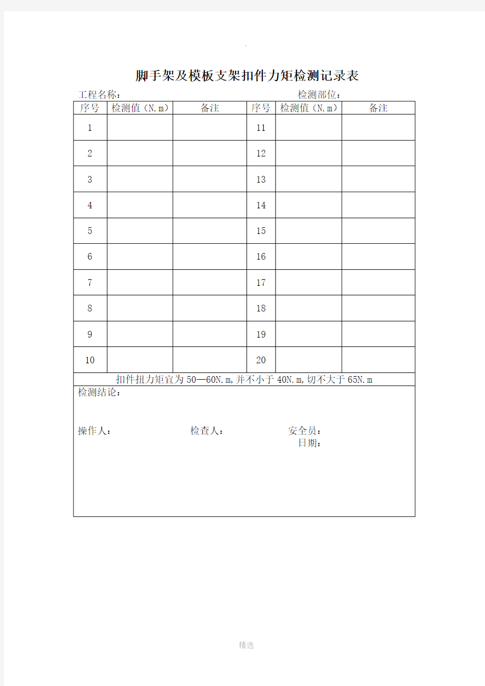 脚手架扣件力矩检测记录表