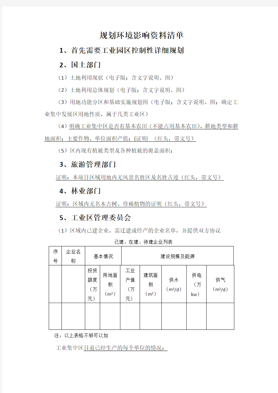 规划环评资料清单