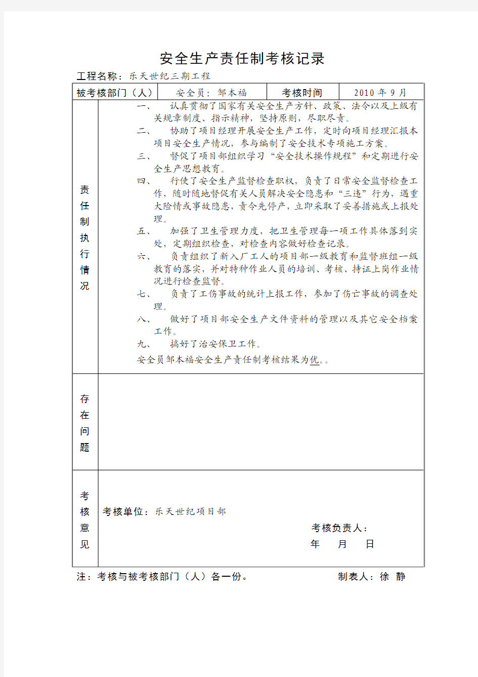 各级各部门安全生产责任制执行情况与考核记录