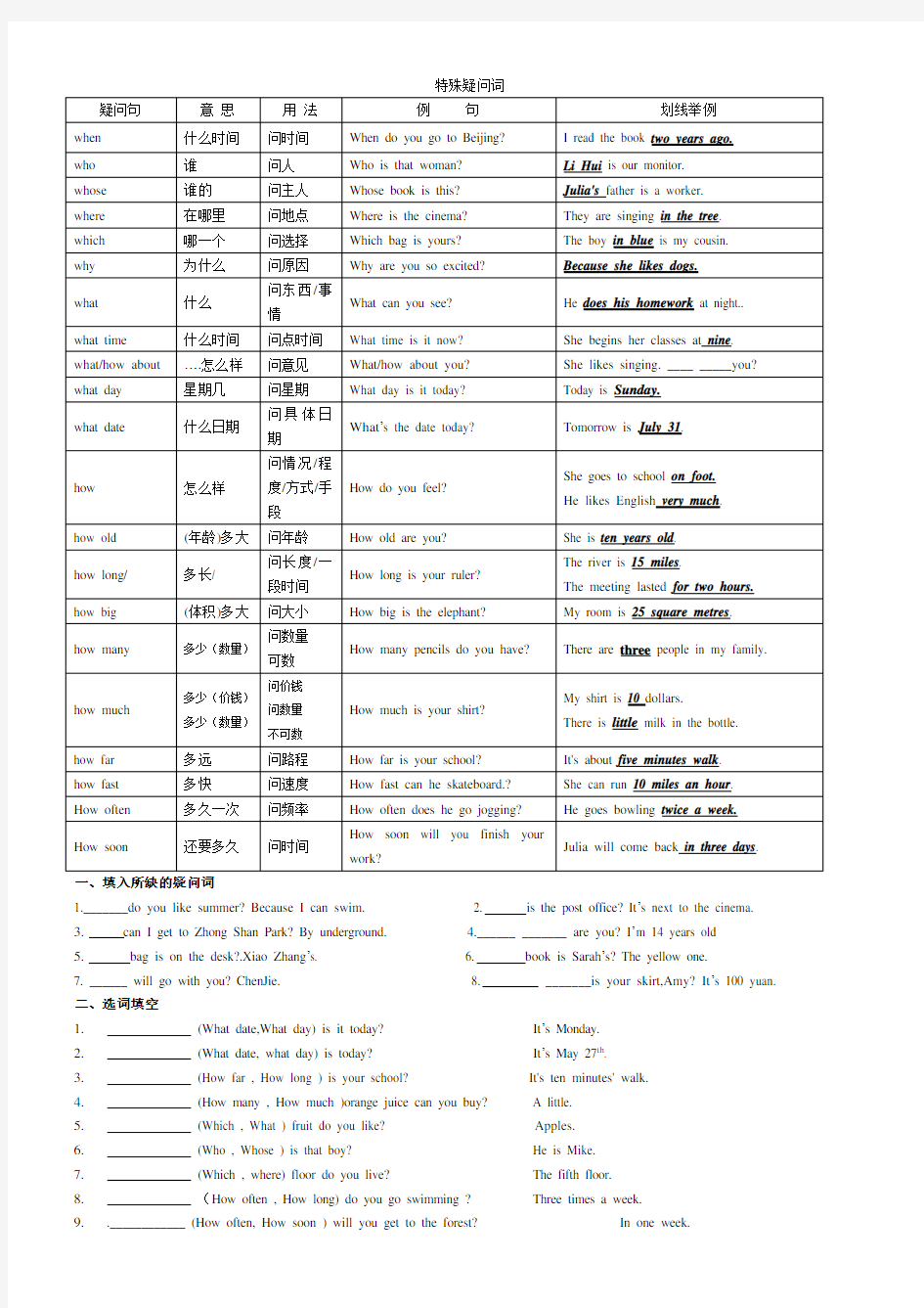 (完整word版)初中英语特殊疑问句练习题(综合)