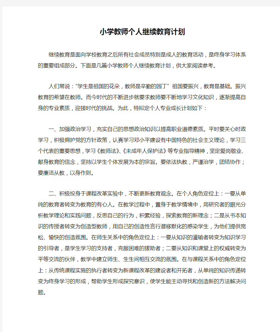 小学教师个人继续教育计划