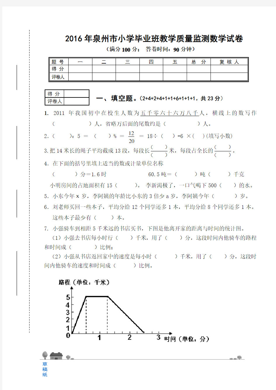 泉州市小学毕业班教学质量监测数学试卷